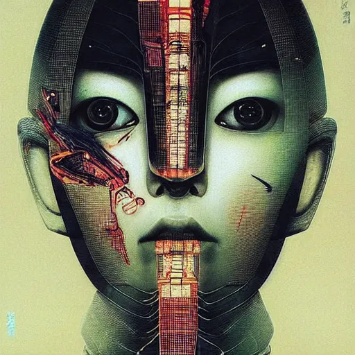 Image similar to “ highly detailed sci - fi concept art portrait of a sleek robot design, a highly detailed yoshitaka amano painting, by adrian ghenie and gerhard richter. art by takato yamamoto. masterpiece, deep colours. ”