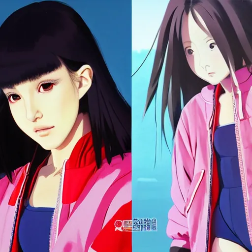 Image similar to a beautiful japanese natalie portman gravure model, wearing oversized native designer bomber jacket and leotard with overalls, bulky poofy bomber jacket with mesoamerican patterns, mesoamerican native street fashion, gapmoe yandere grimdark, trending on pixiv fanbox, painted by greg rutkowski makoto shinkai takashi takeuchi studio ghibli, akihiko yoshida