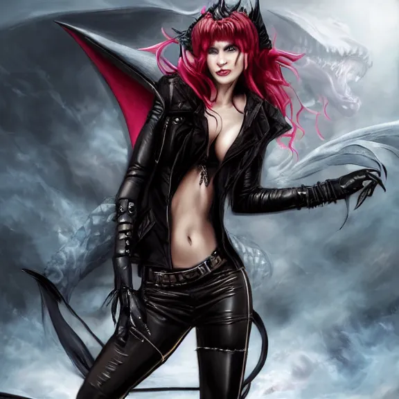 Image similar to A female vampire with generous cleavage in a leather pants, with a black leather jacket, big fangs dropping blood, devil wings , D&D , fantasy , highly detailed, digital art, artstation, smooth, sharp focus, fantasy illustration, art by Peter Tang and artgem and Alina Ivanchenko and Hirokazu Yokohara and Kago Shintaro