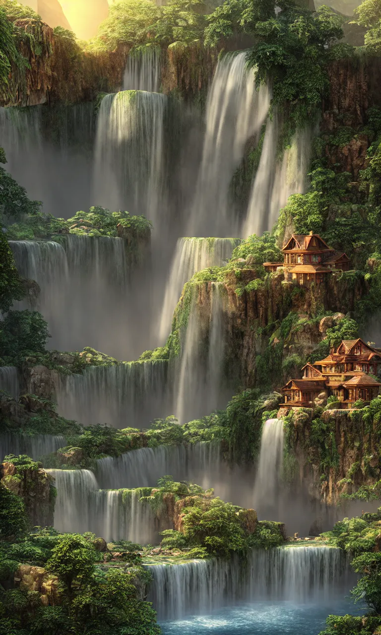 Image similar to beautiful big house, a big waterfall flows down from the mountain, octane render, magic, hyper detailed, cinematic view, no noise, global illumination, warm lighting, volumetric, godrays, vivid, beautiful, by jordan grimmer