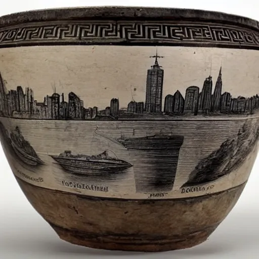 Image similar to a beautiful, ancient, greek amphora container, museum item, with drawings of new york's skyline