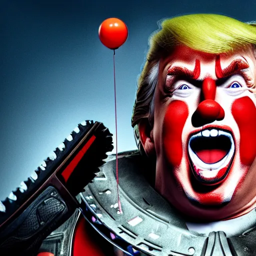 Image similar to portrait of donald trump as a clown, laughing and holding a chainsaw in gears of war, splash art, movie still, cinematic lighting, ray tracing, octane render, long lens, shallow depth of field, bokeh, anamorphic lens flare, 8 k, hyper detailed, 3 5 mm film grain