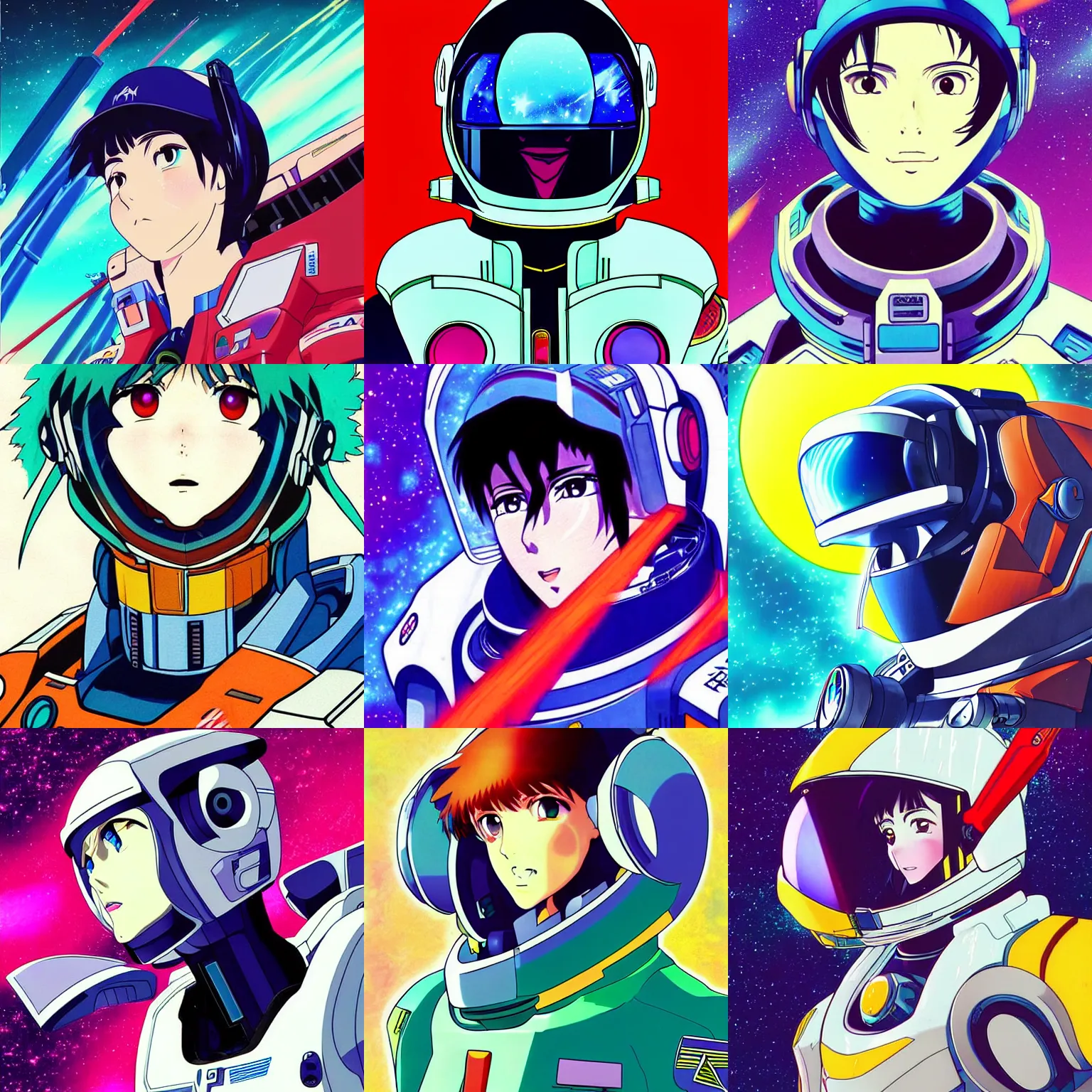 Prompt: “Anime visual portrait of a determined space pilot, from Robotech macross anime series, trending on pixiv, vaporwave”