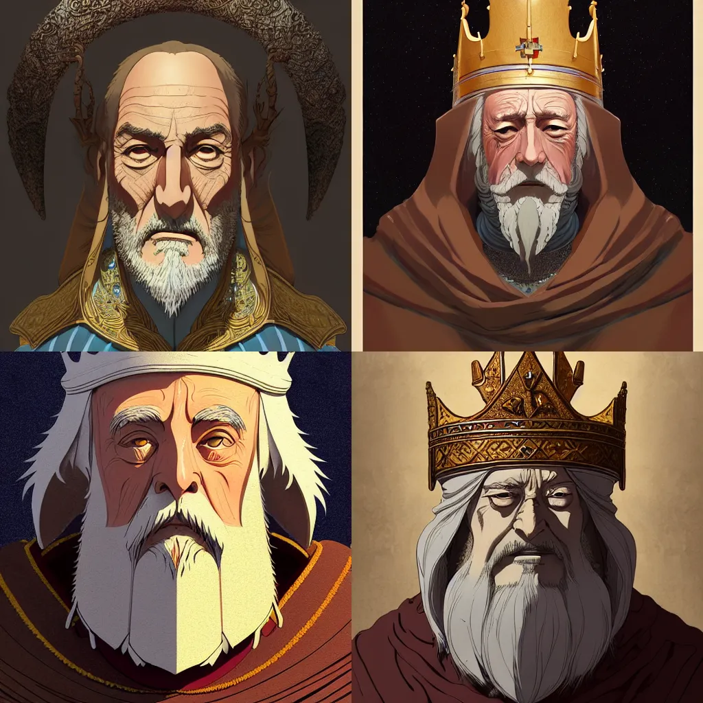 Prompt: portrait of a medieval old king, elegant, highly detailed, digital painting, artstation, concept art, smooth, sharp focus, illustration, art by studio ghibli!! and fujita goro and disney and tom whalen and jean giraud and moebius, 8 k