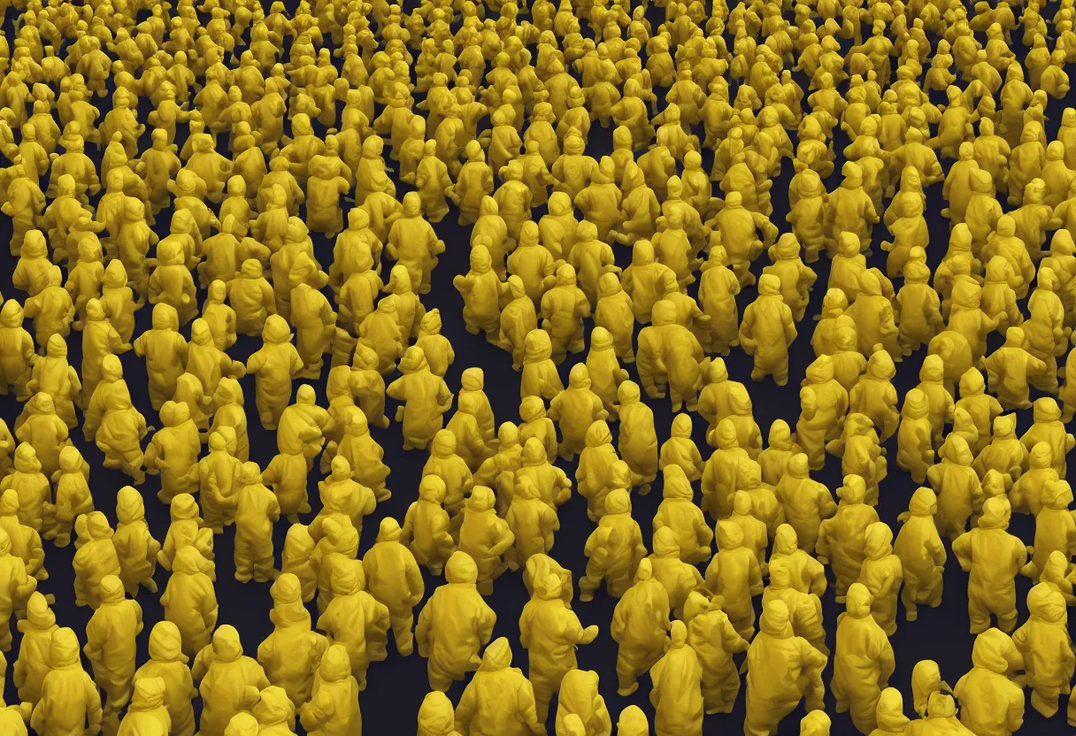 Prompt: people in yellow hazmat suits in an endless maze of randomly generated office rooms and other environments. It is characterized by the smell of moist carpet, walls with a monochromatic tone of yellow, and buzzing fluorescent lights. 4k, hd, photorealistic