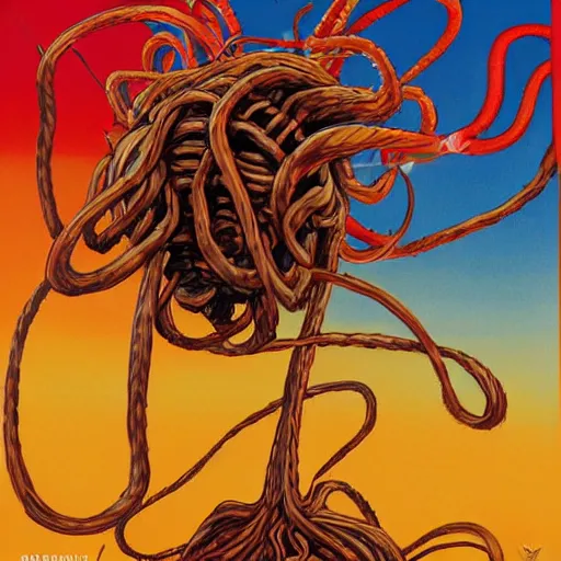 Image similar to attack of the flying spaghetti monster, movie art poster, by gerard brom and ansel adams