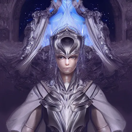 Image similar to fantasy paladin woman, symmetrical portrait, holy glow, by Yoshitaka Amano, Ruan Jia, Kentaro Miura, Artgerm, 8k