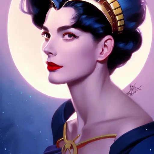 Image similar to Grace Kelly with Dark Blue Hair as Sailor Moon, western, D&D, fantasy, intricate, elegant, highly detailed, digital painting, artstation, concept art, matte, sharp focus, illustration, art by Artgerm and Greg Rutkowski and Alphonse Mucha