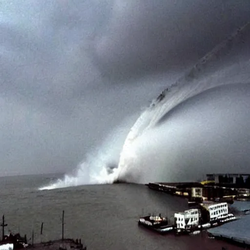 Image similar to ! stunning photo gigantic tsunami landing on city above buildings