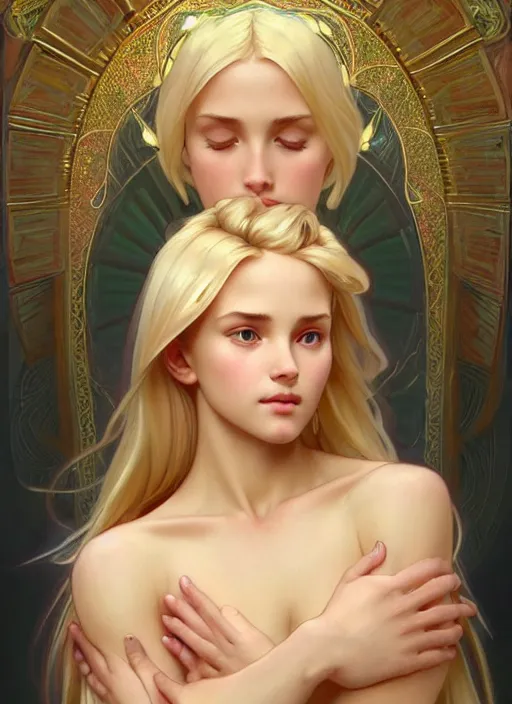 Prompt: perfectly feminine face!! full body portrait of young fairy goddess blessed by nature with ever - increasing physical mental perfection, blonde, symmetrical! intricate, sensual features, highly detailed, biblical divine holy perfection!! digital painting, artstation, concept art, smooth, sharp focus, illustration, art by artgerm and greg rutkowski and alphonse mucha