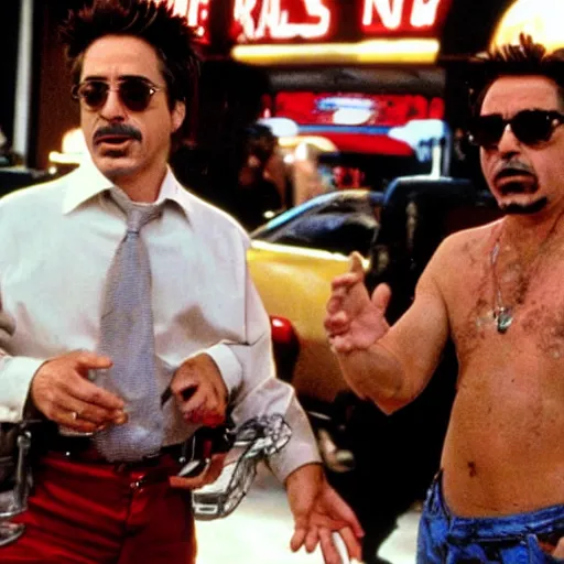 Image similar to robert downey jr. starring in weekend at bernie's 3, robert downey jr with rotten flesh, bernie's rotting corpse in a vegas casino.