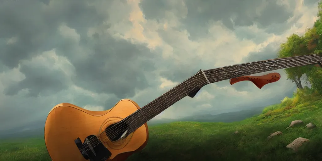 Image similar to a beautiful scenery in the shape of half a guitar, wide angle, super highly detailed, professional digital painting, artstation, concept art, smooth, sharp focus, no blur, no dof, extreme illustration, unreal engine 5, photorealism, hd quality, 8 k resolution, cinema 4 d, 3 d, beautiful, cinematic, art by tim burton