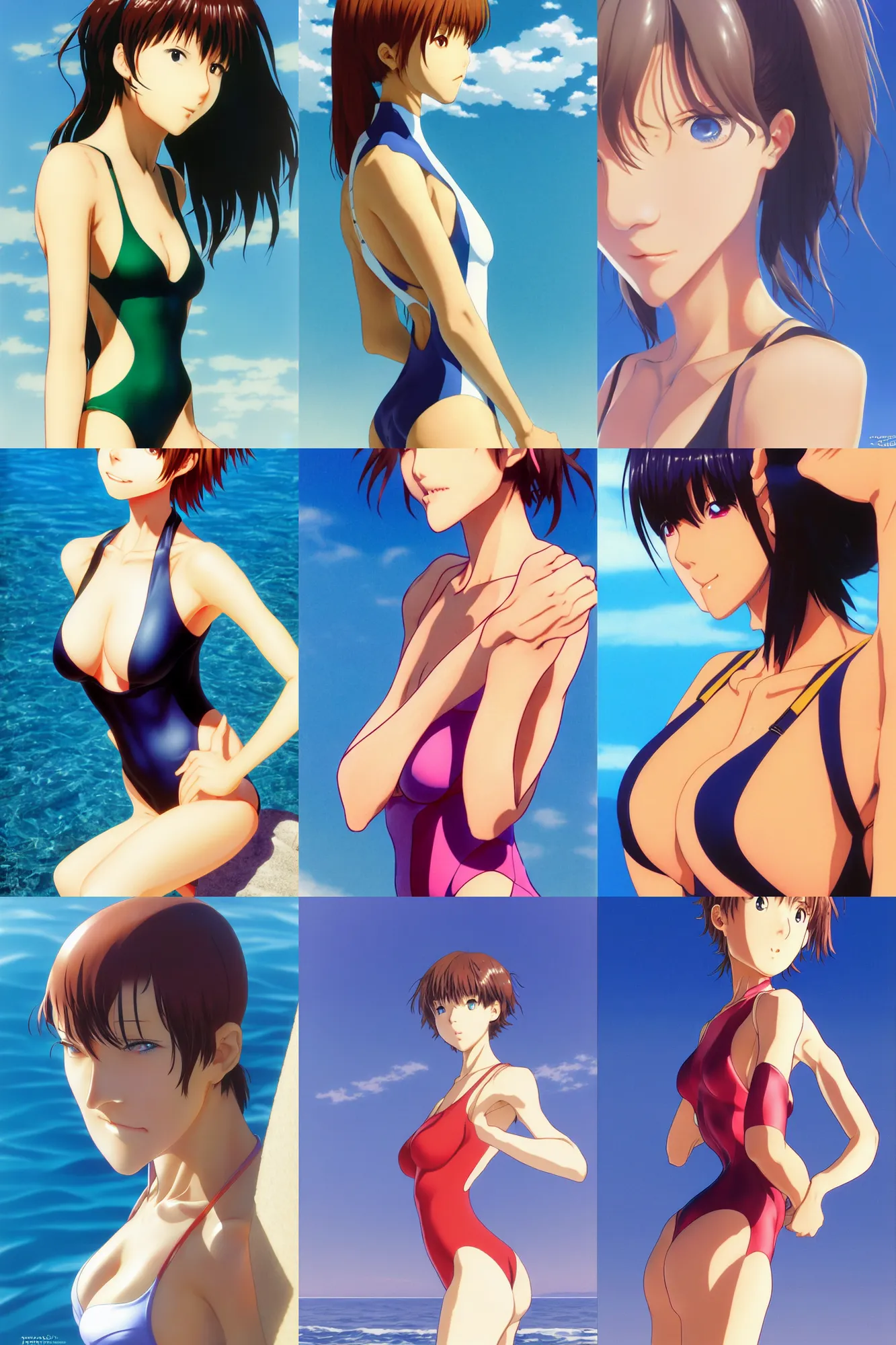 Prompt: close - up, accurately shaped face, volumetric light, posing in one - piece swimsuit. by takashi takeuchi, yoshiyuki sadamoto, amagaitaro, makoto shinkai, krenz cushart, asao urata, pixiv. 9 0 s