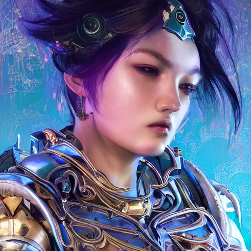 Image similar to studio portrait of lawful good colorful female holy mecha paladin absurdly beautiful, elegant, young sensual graceful woman, ultrafine hyperrealistic detailed face illustration by kim jung gi, irakli nadar, intricate linework, sharp focus, bright colors, matte, octopath traveler, final fantasy, unreal engine highly rendered, global illumination, radiant light, intricate environment