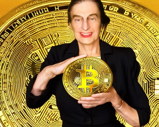 Image similar to ayn rand holding a golden bitcoin, commercial stock photo by annie liebovitz, j. c. leyendecker