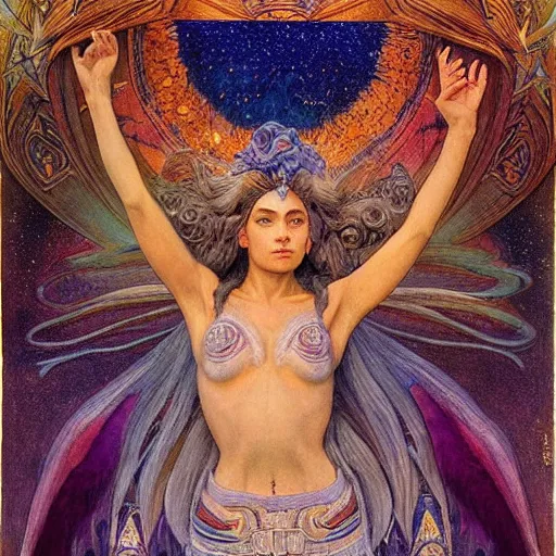 Image similar to queen of the moon with stars in her hair, by annie swynnerton and tino rodriguez and donato giancola and nicholas roerich and jean delville and diego rivera, dramatic lighting, god rays, geometric tattoos, rich colors, smooth sharp focus, extremely detailed, adolf wolfli