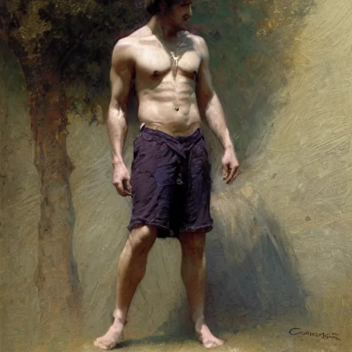 Image similar to a man with an shredded, toned, inverted triangle body type, painting by Gaston Bussiere, Craig Mullins