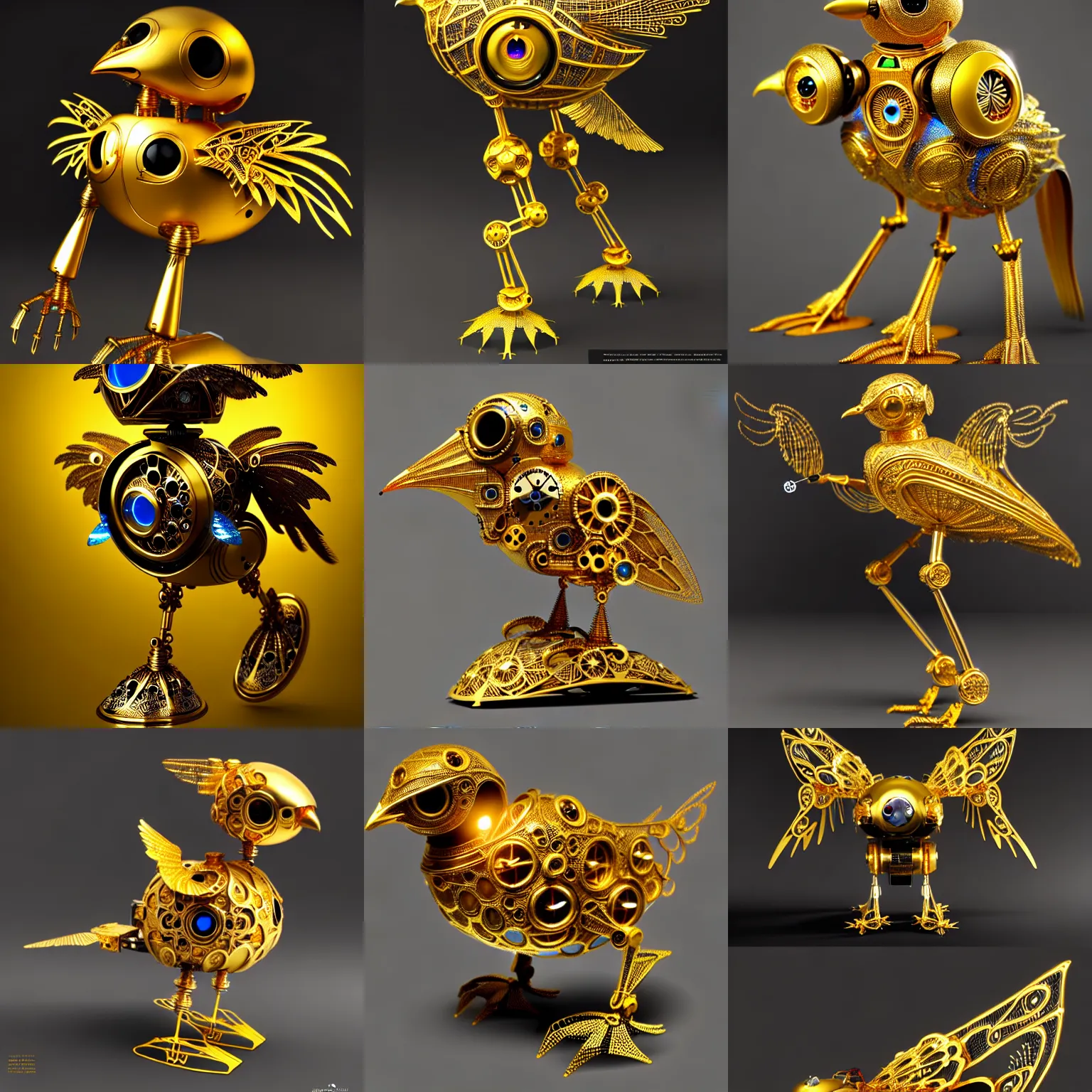 Prompt: hollow gold filigree bird robot, with a bright gemstone inside it. visible clockwork, bright internal light, flying, detailed 8 k, fantasy, award - winning photography trending on artstation, cgsociety, deviantart