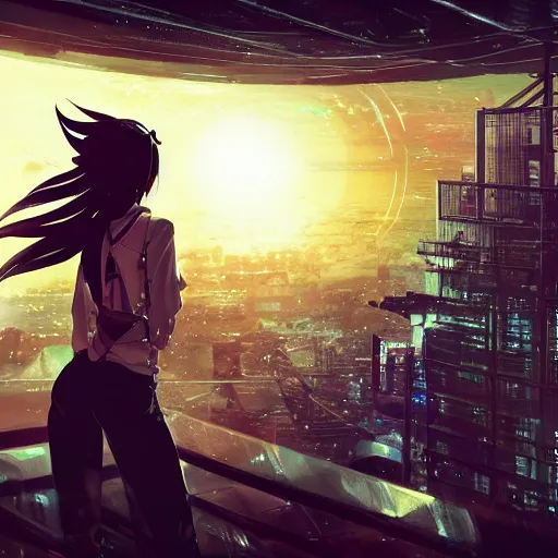 Prompt: android mechanical cyborg anime girl overlooking overcrowded urban dystopia. 1:00AM long flowing hair. gigantic future city. pitch black night. raining. makoto shinkai. wide angle. distant shot. dark and dreary. solar eclipse.