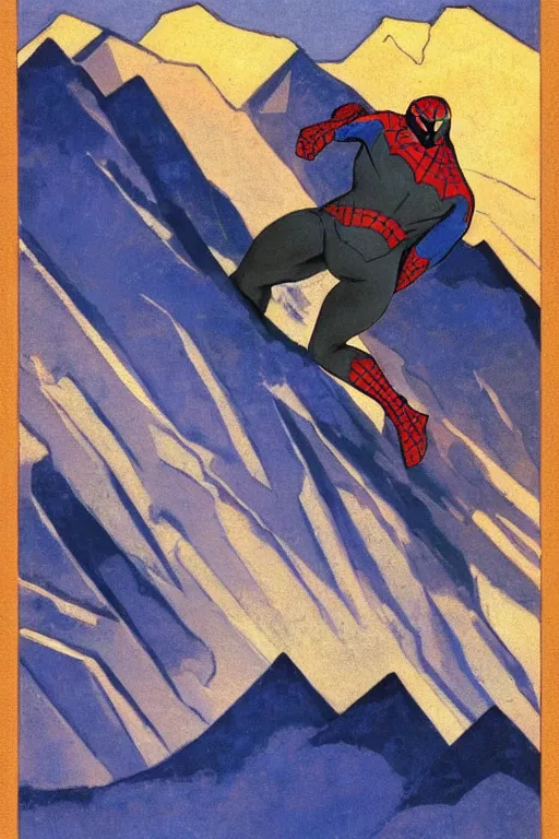 Image similar to spiderman stay on mountain, marvel, artwork by nicholas roerich,