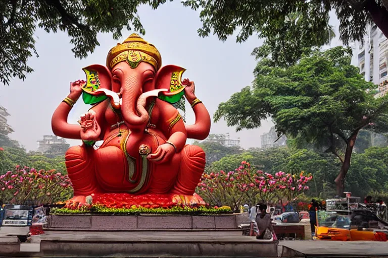 Image similar to magnificent futuristic new delhi, sharp biophilic ganesha!! building, kalighat flowers, highly detailed, stephen shore & john j. park, cinematic light, wide shot, ground angle, uhd 8 k, sharp focus