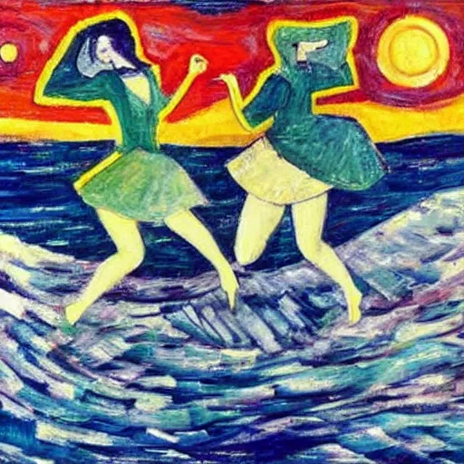 Prompt: two Irish Women in the moonlight dancing by the ocean , high quality art in the style of cubism and jack b yeats