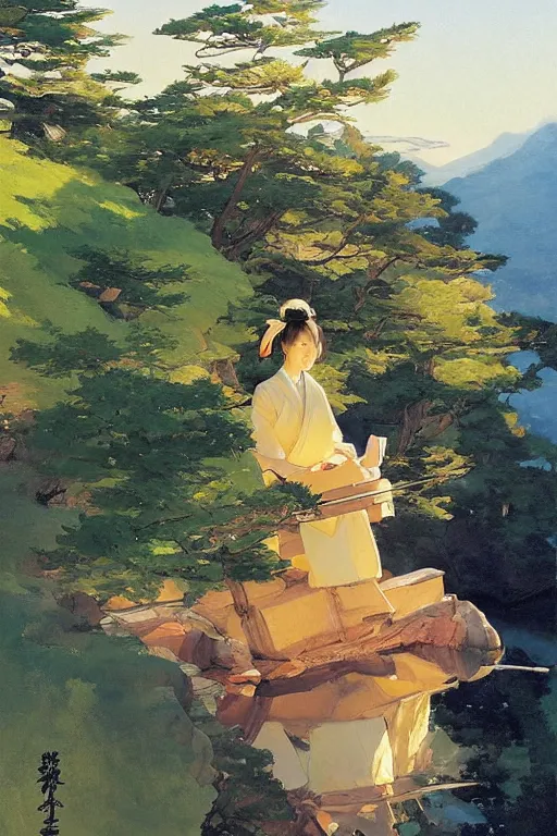 Image similar to a traditional Japanese quite unmanned uninhabited Torri on a mountain, by studio ghibli painting, by Joaquin Sorolla rhads Leyendecker, Torri, traditional Japanese colors, superior quality, masterpiece