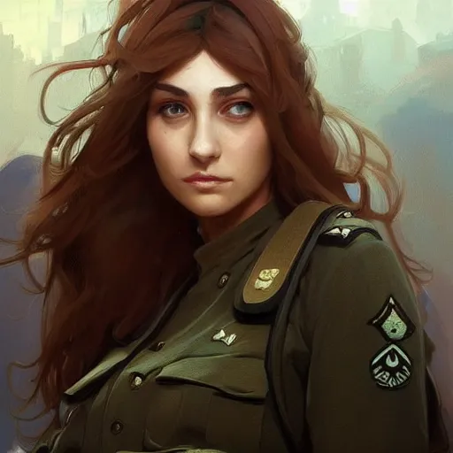 Image similar to beautiful! female jewish israeli soldier, highly detailed digital painting, artstation, concept art, smooth, sharp focus, illustration, art by artgerm and greg rutkowski and alphonse mucha