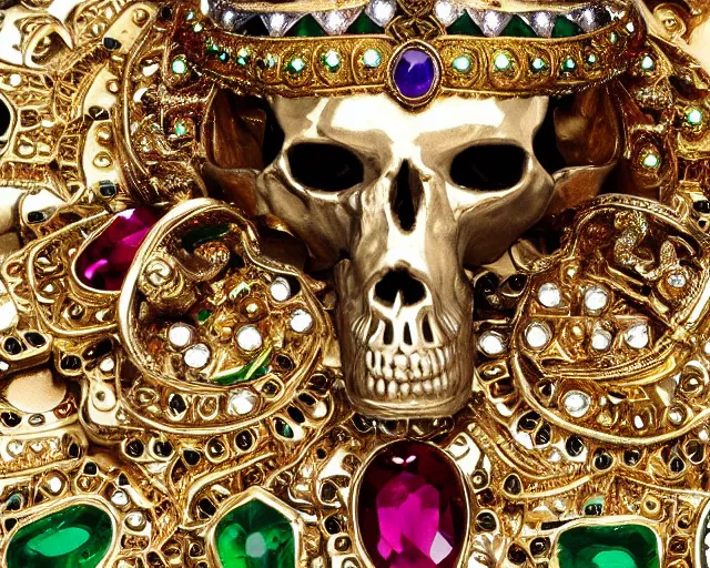 Image similar to ram's skull ornately decorated with gold and gems, green background, studio photography, rubies, emeralds, gold, jewels