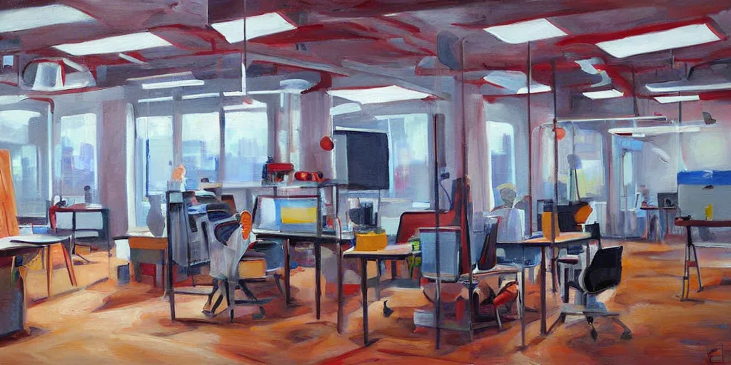 Image similar to painting gallery workplace, art style by bryen frost