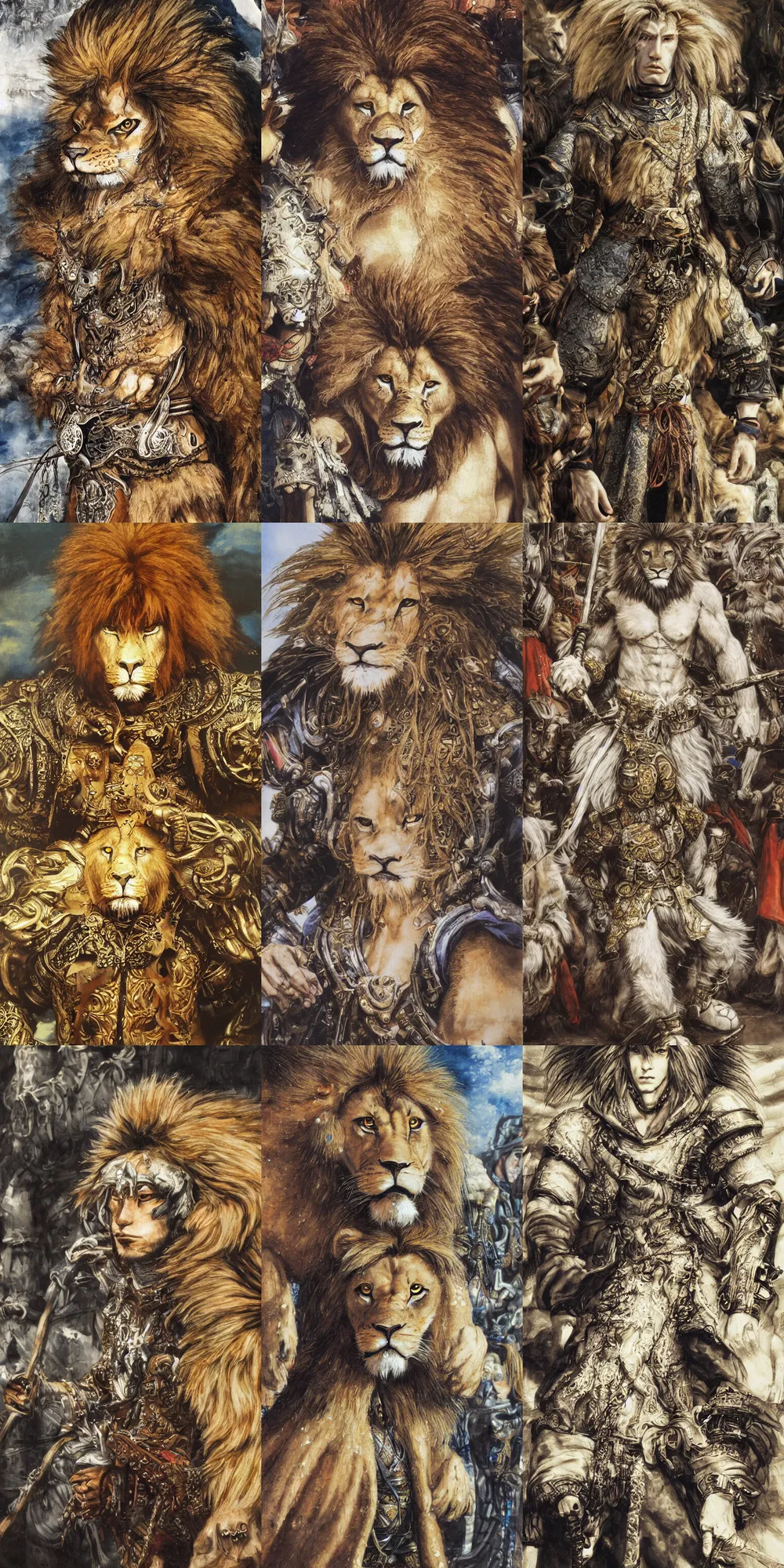 Image similar to 8 k yoshitaka amano painting of upper body of a young cool looking lion beastman with white mane at a medieval market at windy day. depth of field. he is wearing complex fantasy clothing. he has huge paws. renaissance style lighting.