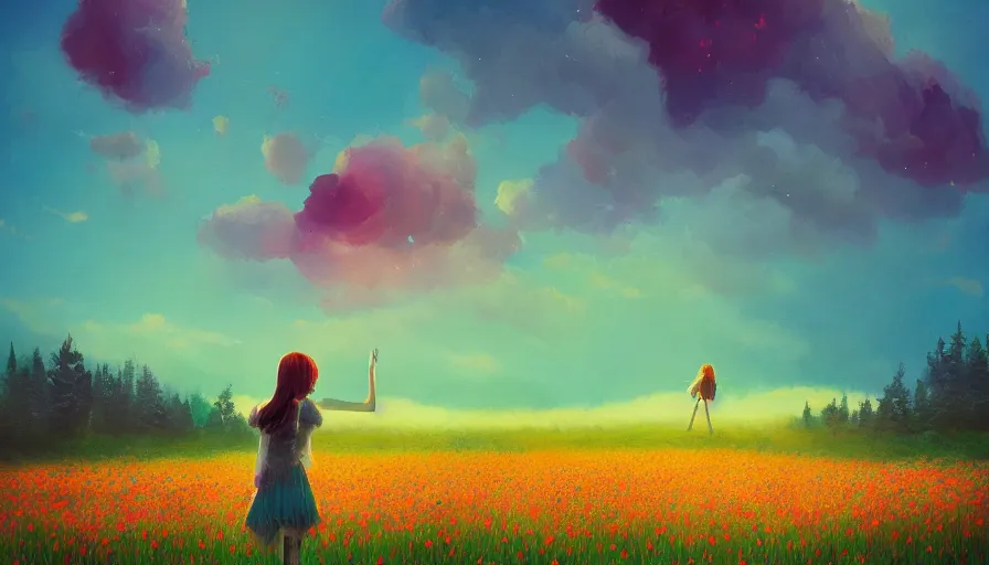 Image similar to girl with a flower face, surreal photography, dream, standing in flower field, hills, big trees, sunrise dramatic light, impressionist painting, colorful clouds, digital painting, pointillism, artstation, simon stalenhag, surreal
