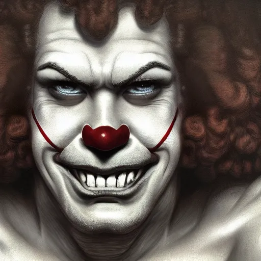 Prompt: portrait of Ronald McDonald the rapist clown, muscular, wild, upper body, D&D, fantasy, intricate, cinematic lighting, highly detailed, digital painting, artstation, concept art, smooth, sharp focus, illustration, art by Hajime Sorayama