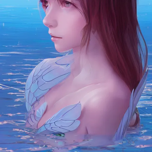 Prompt: 3 / 4 view of a portrait of a water fairy with water wings, elegant, highly detailed, digital painting, artstation, concept art, sharp focus, illustration, strong brush stroke, anime, sharp focus, ghibli studio, art by ilya kuvshinov, rossdraws