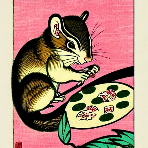 Image similar to japanese edo period woodblock print of a chipmunk eating pizza with pink blossoming cherry trees in the background, art by greg rutkowski and yoji shinkawa and akira toriyama