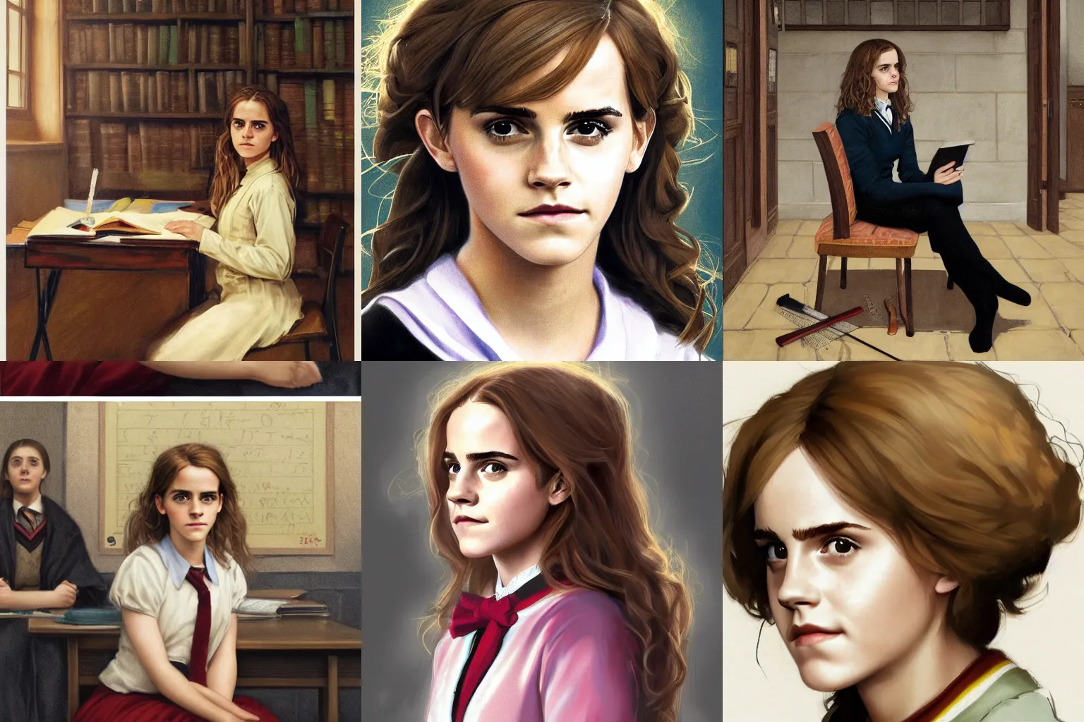 Prompt: portrait of Emma Watson as Hermione Granger sitting in a classroom, art by Kenne Gregoire, trending on artstation