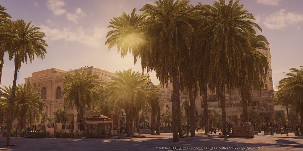 Prompt: khedival opera house, talaat Harb Square cairo, epic wide shot in unreal engine 5, beautiful clouds, dappled afternoon sunlight, acacia trees, date palm trees, shrubs, flowers, 4k, colorful, octane render, artstation