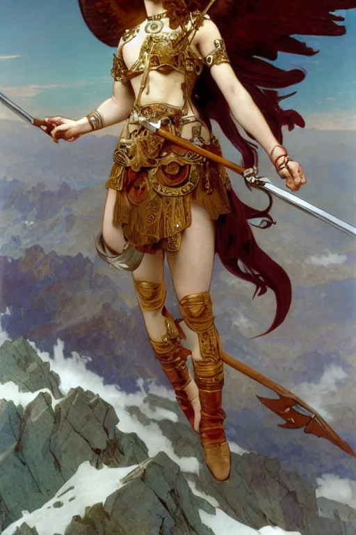 Image similar to full - body matte portrait of a red haired angelic valkyrie with huge silver wings in a heroic pose, wearing thick bronze plate armor at the top of a mountain, holding a spear made of lightning, art by albert bierstadt, alphonse mucha, andreas rocha, greg rutkowski, sharp edges. ultra clear detailed. 8 k. elegant. octane render