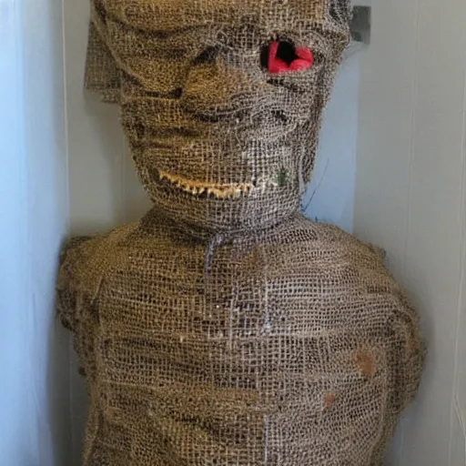 Prompt: creepy man made of burlap