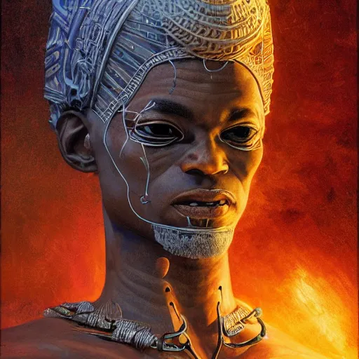 Image similar to african cosmic god obatala, dim light, front game card, marvel comics, dark, intricate, highly detailed, smooth, artstation, digital illustration by ruan jia and mandy jurgens and artgerm and wayne barlowe and greg rutkowski and zdislav beksinski.