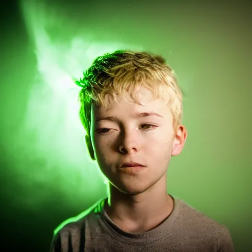 Prompt: a young boy with face lit by green glow at midnight, atmospheric epic award winning photo with volumetric cinematic lighting