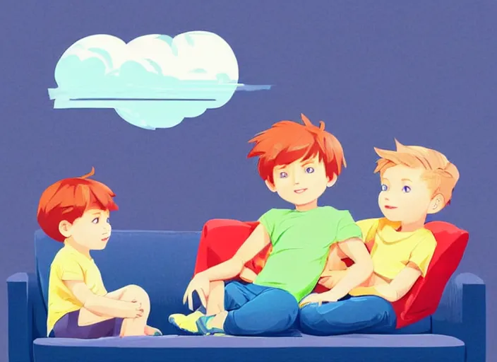 Image similar to two little boys sitting on a couch, they are best friends. a little blonde boy and a little ginger boy. clean cel shaded vector art. shutterstock. behance hd by lois van baarle, artgerm, helen huang, by makoto shinkai and ilya kuvshinov, rossdraws, illustration, art by ilya kuvshinov