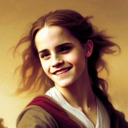 Image similar to Painting of Emma Watson as Hermione Granger. Wearing Hogwarts!!! robes!!!. Smiling. Happy. Cheerful. Art by william adolphe bouguereau. During golden hour. Extremely detailed. Beautiful. 4K. Award winning.