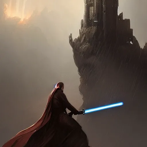 Image similar to star wars concept art by greg rutkowski, an epic lightsaber duel between two jedi and a sith, on a fortress surrounded by a stormy sea, stressful atmosphere, cinematic lighting, artstation hq