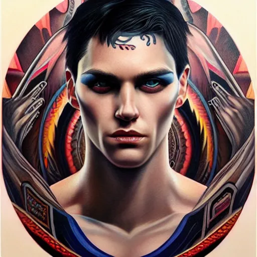 Image similar to ultra realistic portrait painting of a perfect handsome man blue eyes black hair, neck tribal snake tattoo, painted by Tristan Eaton Stanley Artgerm and Tom Bagshaw