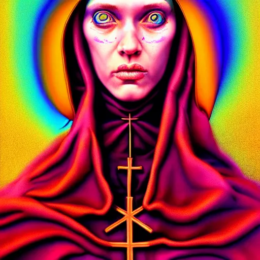 Prompt: ! dream an extremely psychedelic portrait of a nun, surreal, lsd, face, detailed, intricate, elegant, lithe, highly detailed, digital painting, artstation, concept art, smooth, sharp focus, illustration