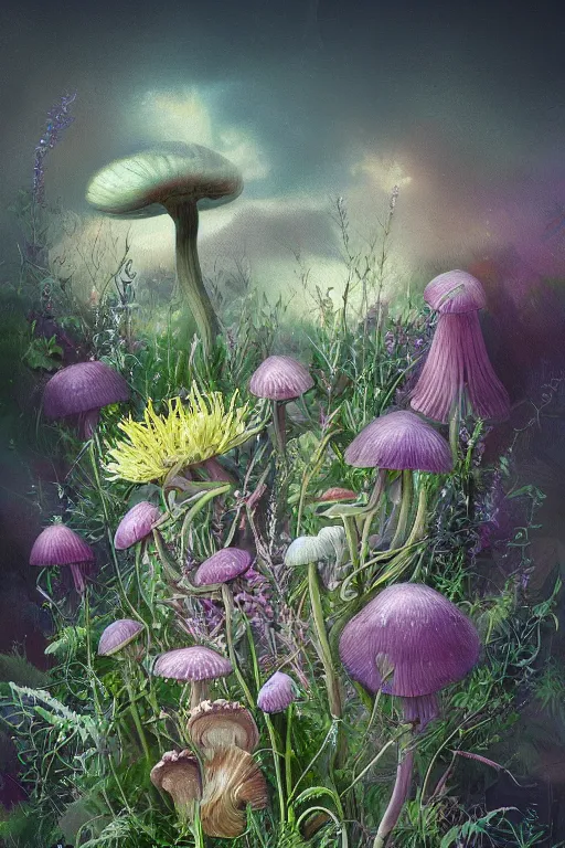 Prompt: beautiful digital matter cinematic painting of whimsical botanical illustration of thistles and lilies mushrooms thicket, whimsical scene bygreg rutkowki artstation