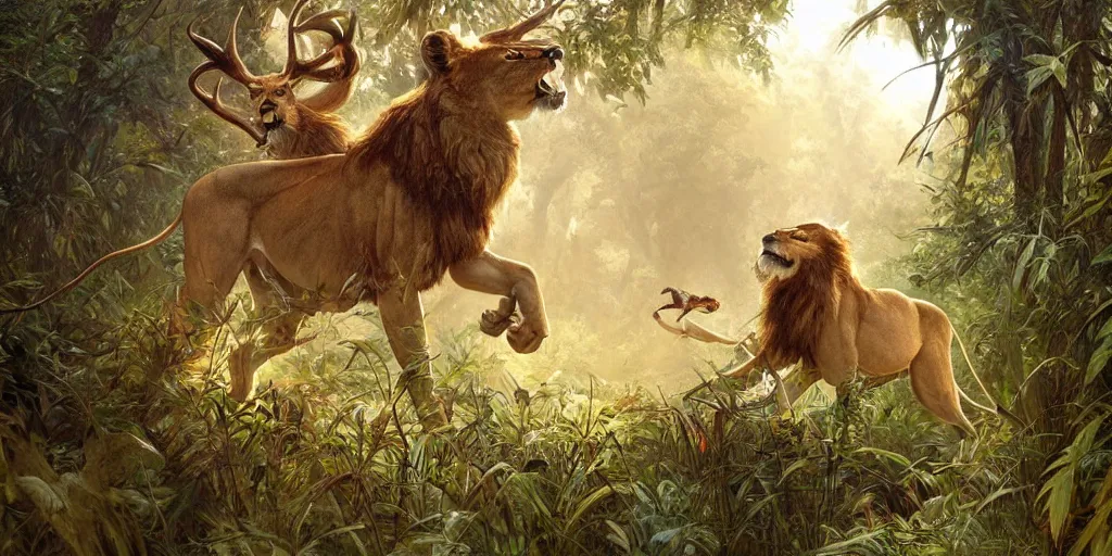 Prompt: lion chasing a deer in the jungle, highly detailed, digital painting, artstation, concept art, smooth, sharp focus, illustration, art by artgerm and greg rutkowski and alphonse mucha