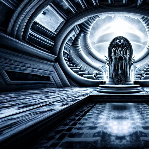 Image similar to open portal to another dimension, with white turbulent image of different time space, ethereal, sci fi, high detail, intricate, giger, photo realistic, 8 k