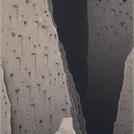 Image similar to bones and flesh stacked against walls of a canyon by Zdzisław Beksiński